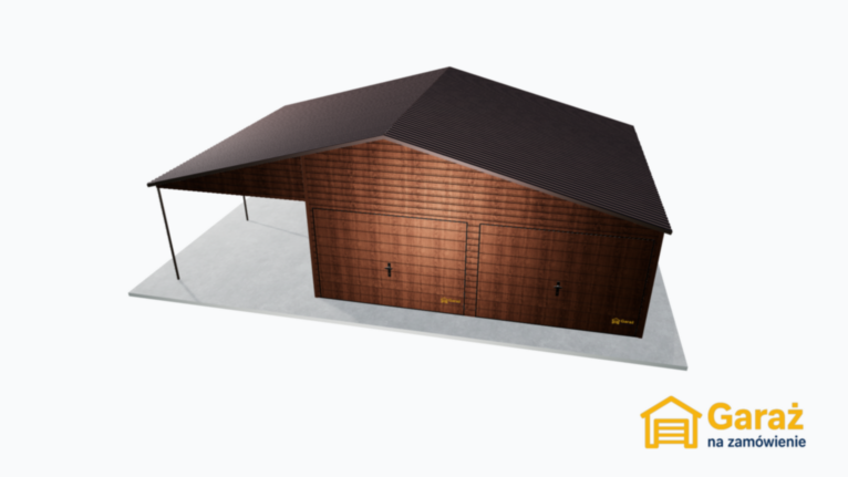 Garaż 9×5,8 w okleinie drewnopodobnej z wiatą 3 m