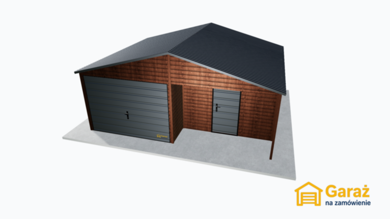 Garaż 6×5 z praktyczną wnęką – dwuspadowy, wykończenie ciemny orzech