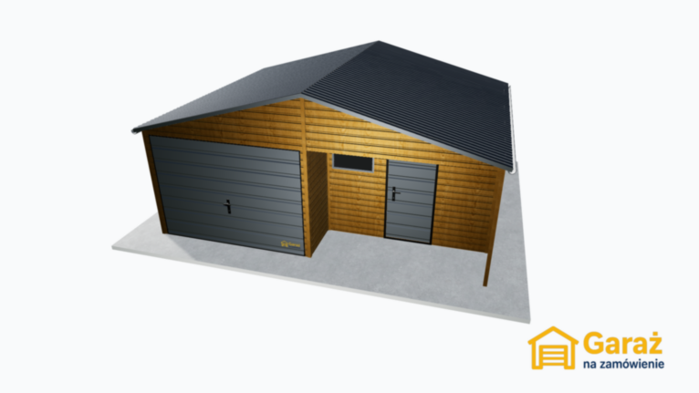 Garaż blaszany 6×5 dwuspadowy w kolorze jasny orzech z wnęką