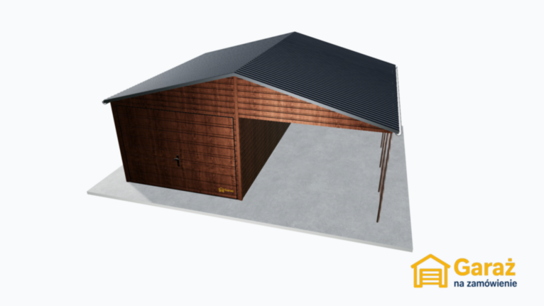 Garaż drewnopodobny 6×5 w kolorze ciemny orzech z wiatą