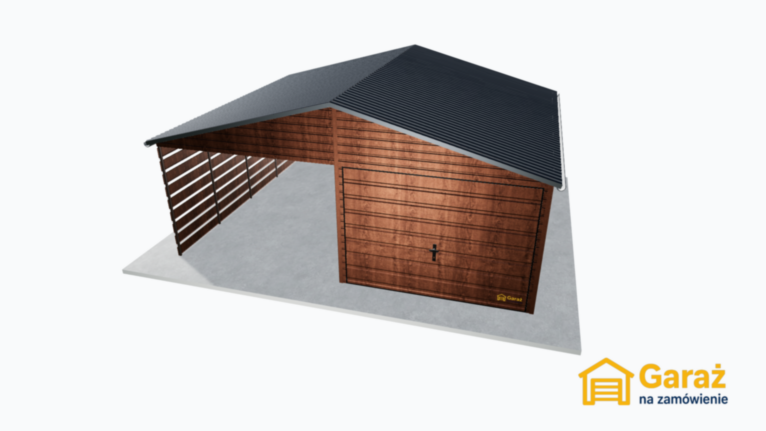 Garaż blaszany 6×5 dwuspadowy drewnopodobny z wiatą panelową
