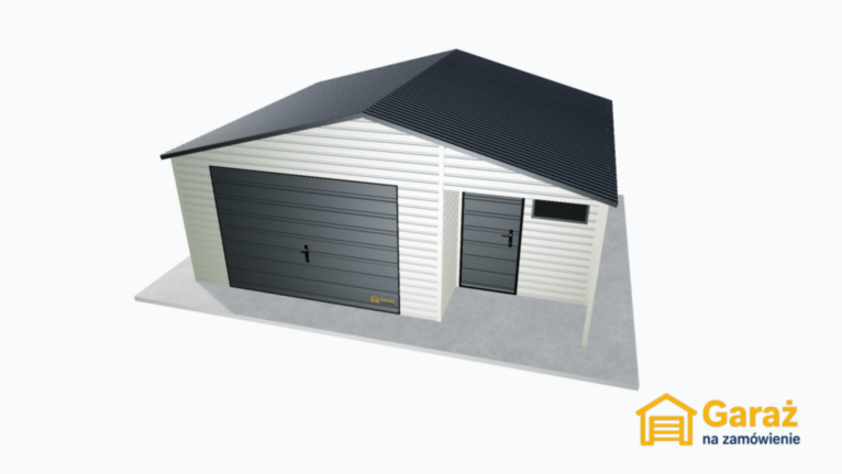 Biały garaż blaszany 6×5 z dachem dwuspadowym i praktyczną wnęką