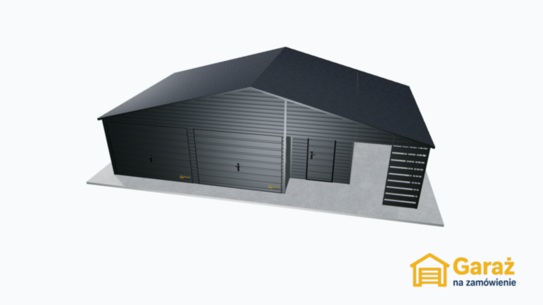 Duży garaż dwuspadowy 10×6 z wiatą i zapleczem gospodarczym