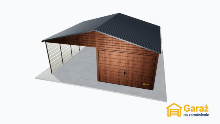Garaż blaszany 6×5 dwuspadowy drewnopodobny z wiatą panelową