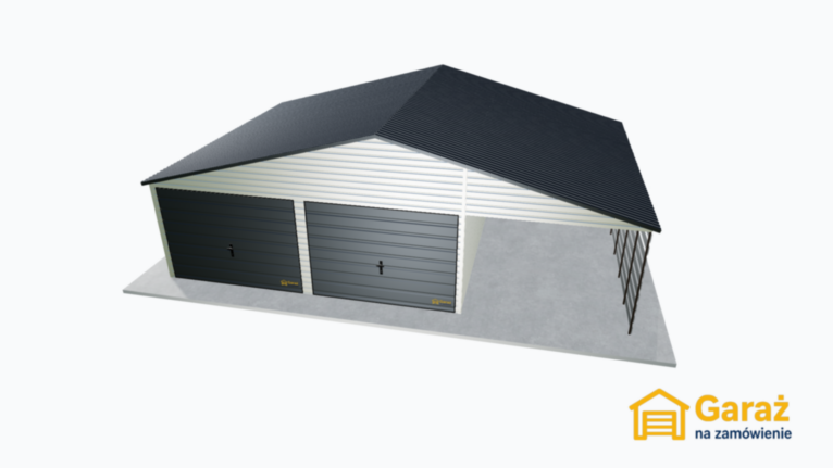 Garaż blaszany 9×6 dwuspadowy biały z wiatą